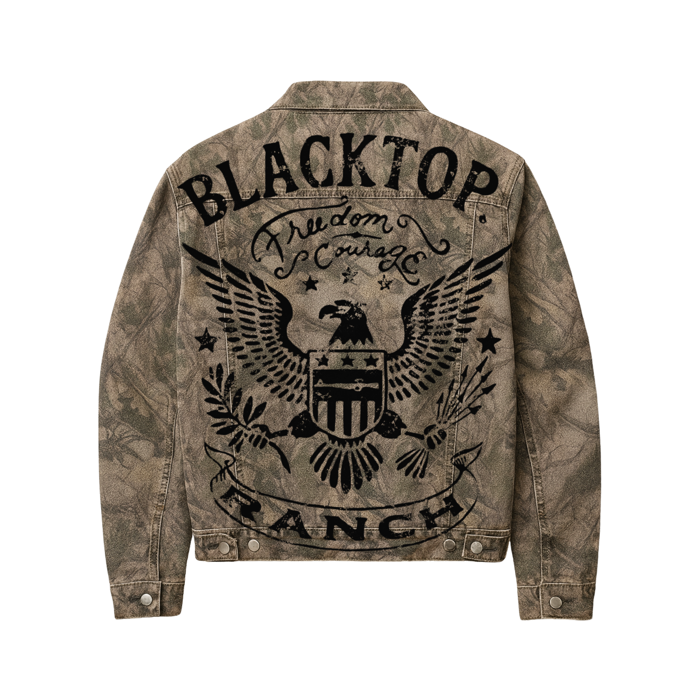 Twig green camo denim jacket back angle heavyweight denim outerwear