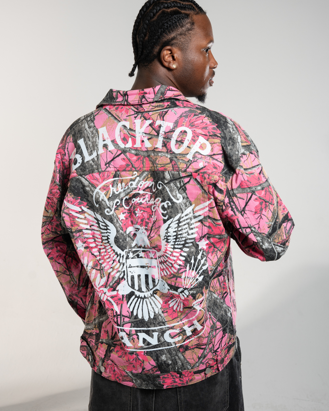 Blacktop Ranch pink camo denim jacket back view statement outerwear piece