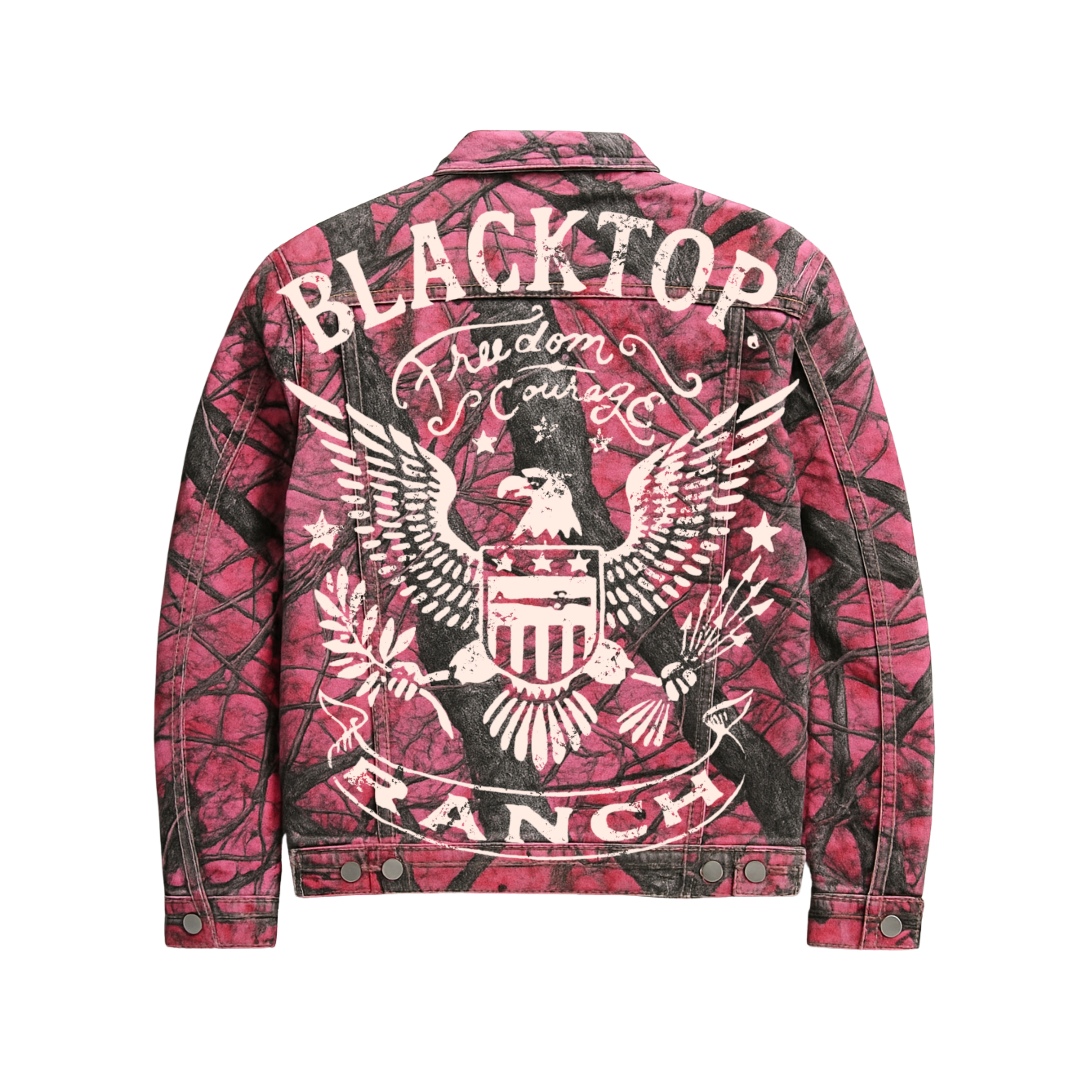 Pink color Blacktop camo denim jacket with bold western streetwear design