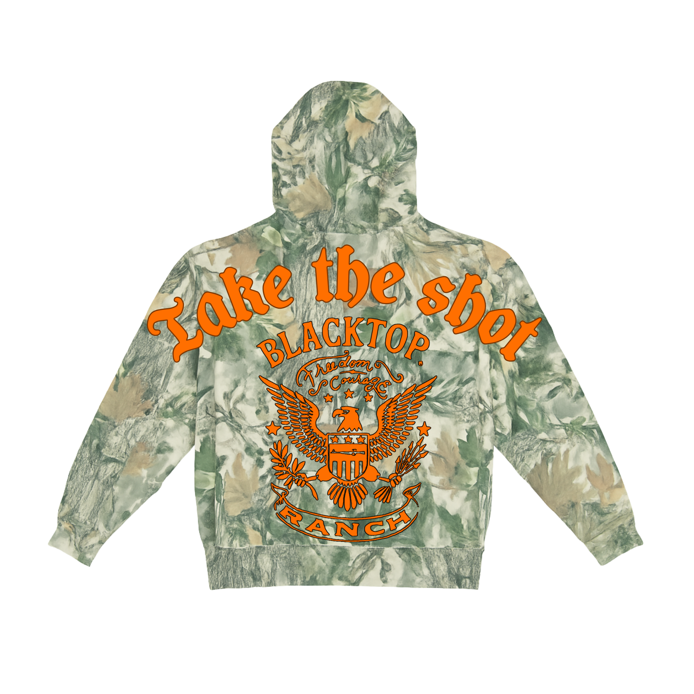 Blacktop Ranch Take The Shot forest camo hoodie back view with camo pattern detail and graphic