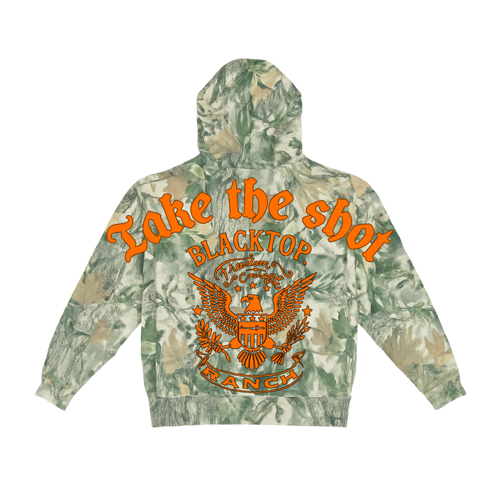 Blacktop Ranch Take The Shot forest camo hoodie back view with camo pattern detail and graphic