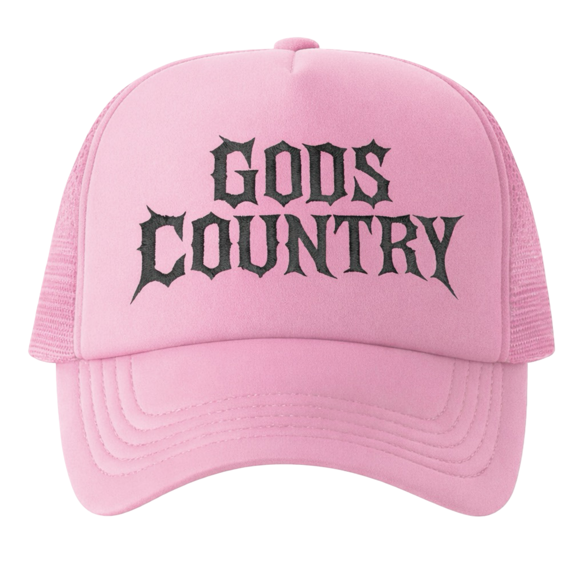 Close-up of embroidered “God’s Country” logo on pink Blacktop Ranch trucker hat