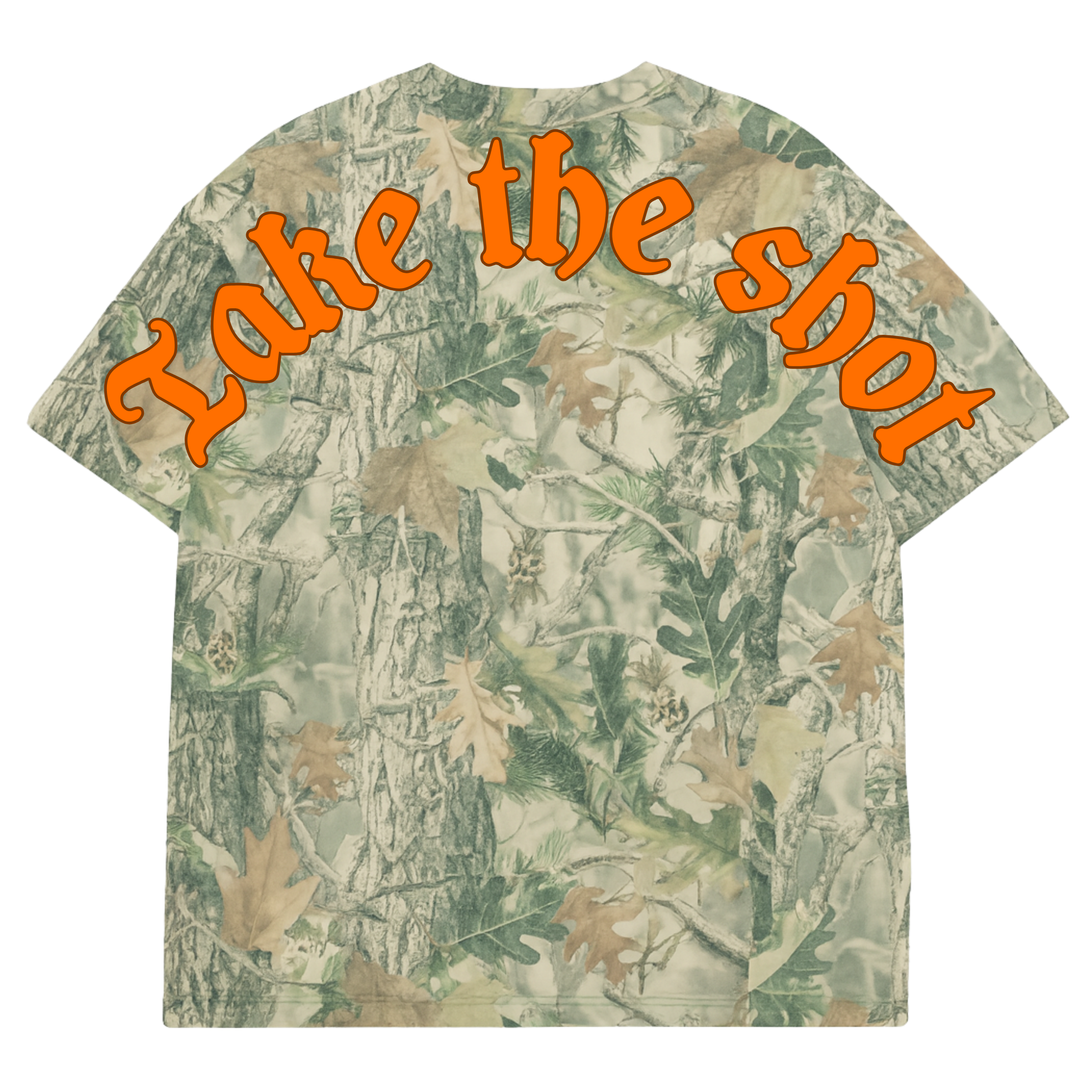 Back of forest camo tee showing Blacktop Ranch "Take the shot" graphic in orange.