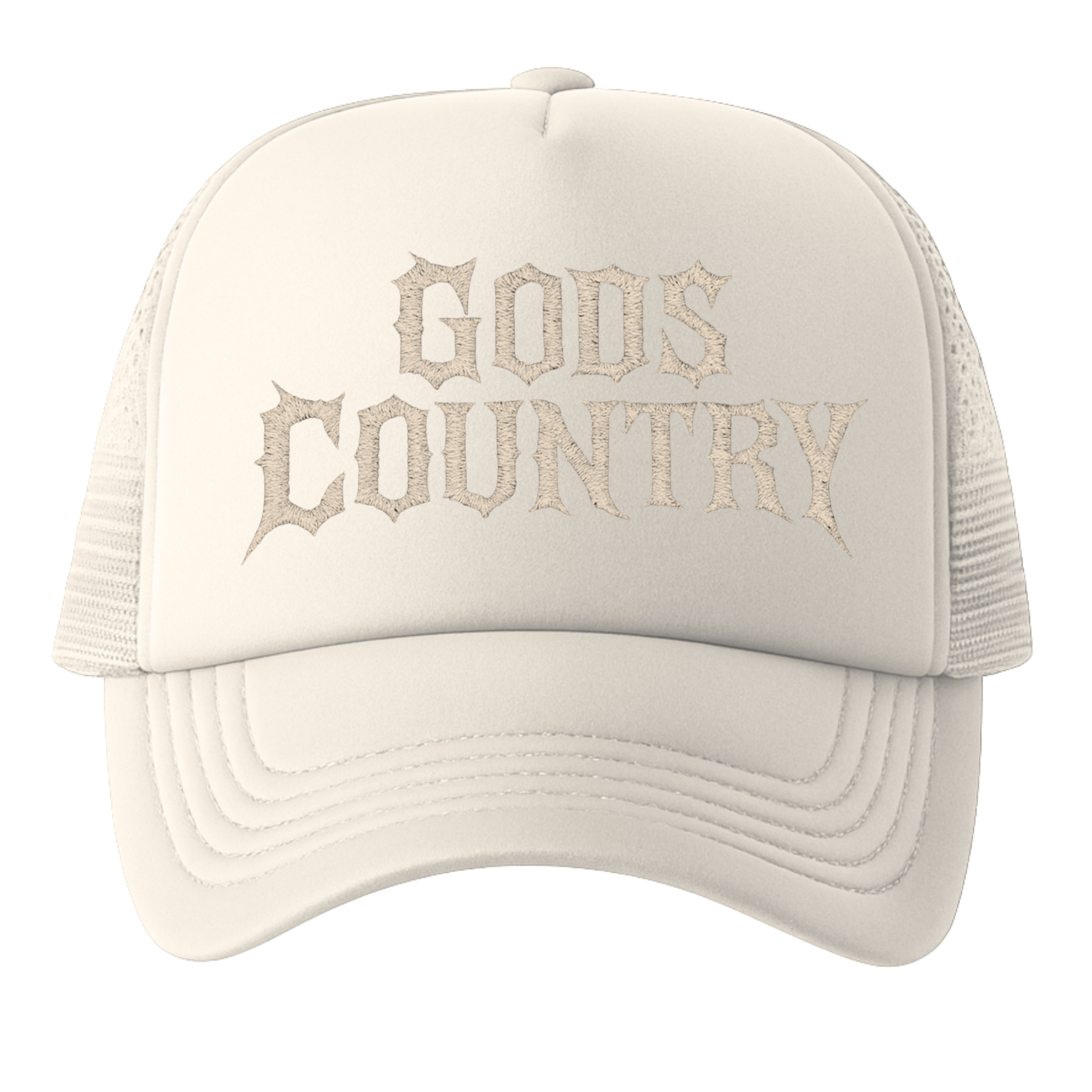 Close-up of “God’s Country” embroidery on creme Blacktop Ranch hat