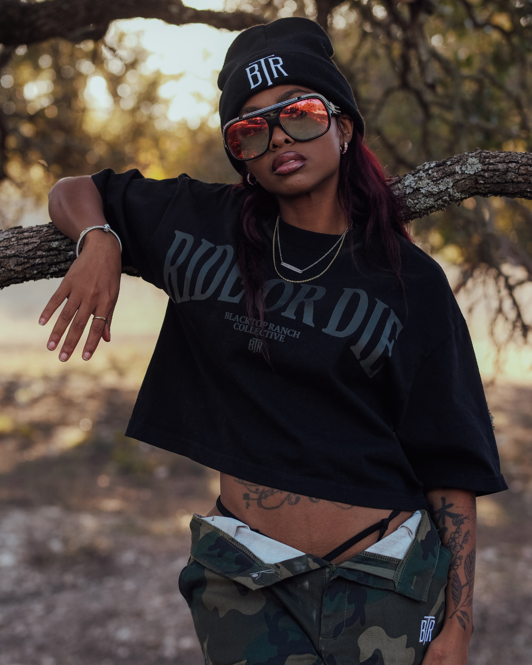 Streetwear outfit featuring Blacktop Ranch Ride or Die garment dyed graphic tee