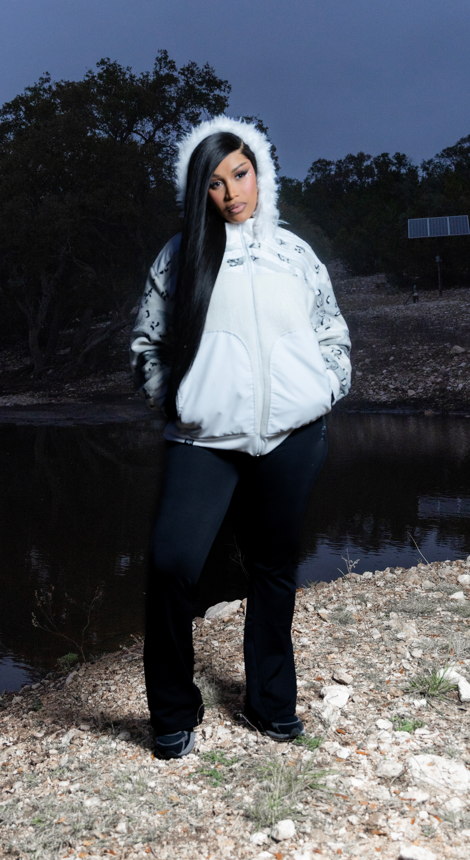 Cardi B wearing oversized Artic camo jacket by Blacktop Ranch streetwear look