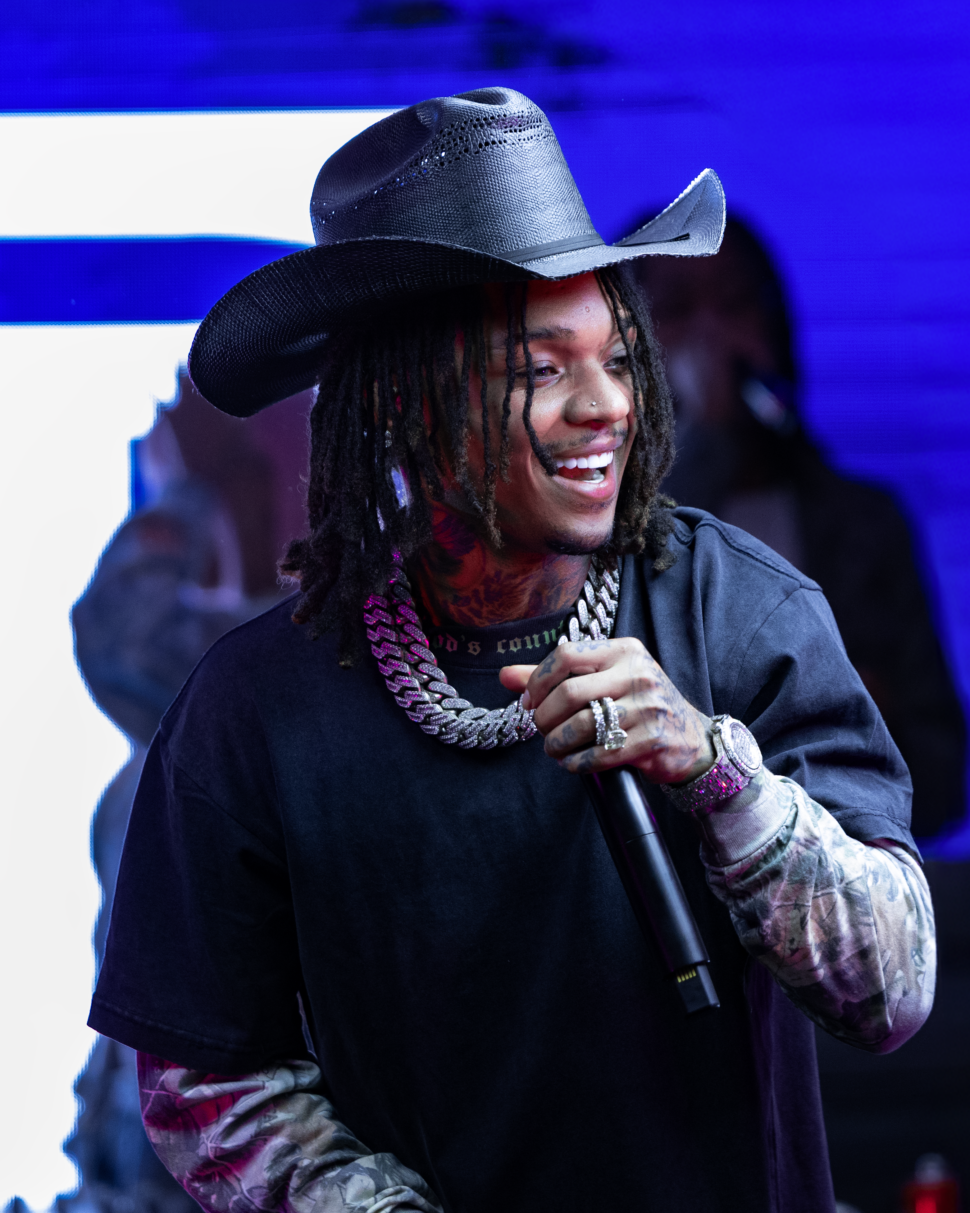 Swae Lee wearing Blacktop Ranch vintage washed camo long sleeve in streetwear outfit