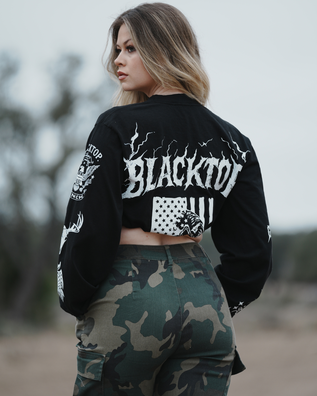 Back view of Blacktop Ranch cargo pants women’s camouflage streetwear fit