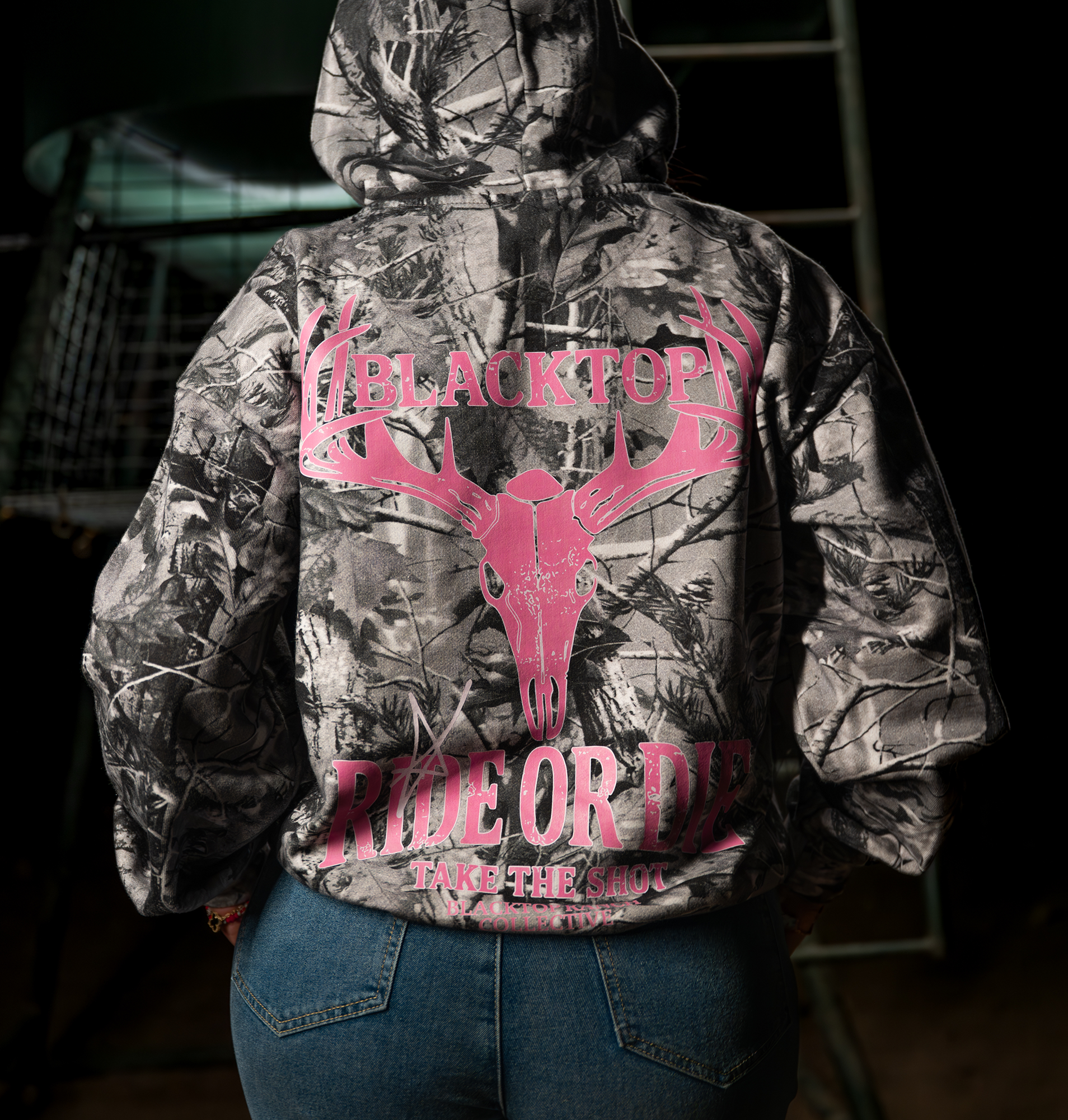Back view of Blacktop Ranch camo hoodie streetwear pullover style