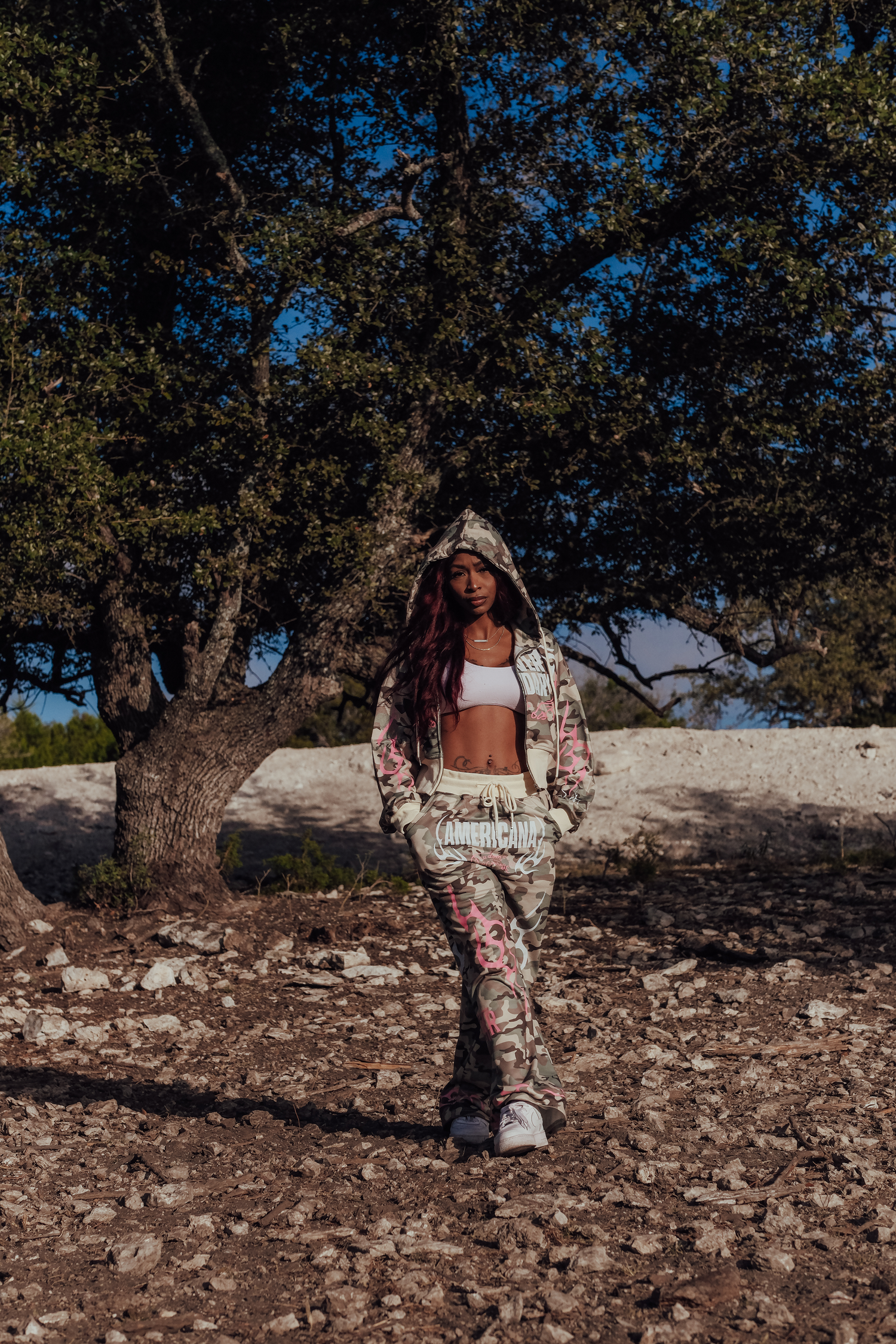 Women’s matching camo hoodie and pants set by Blacktop Ranch outdoor lifestyle