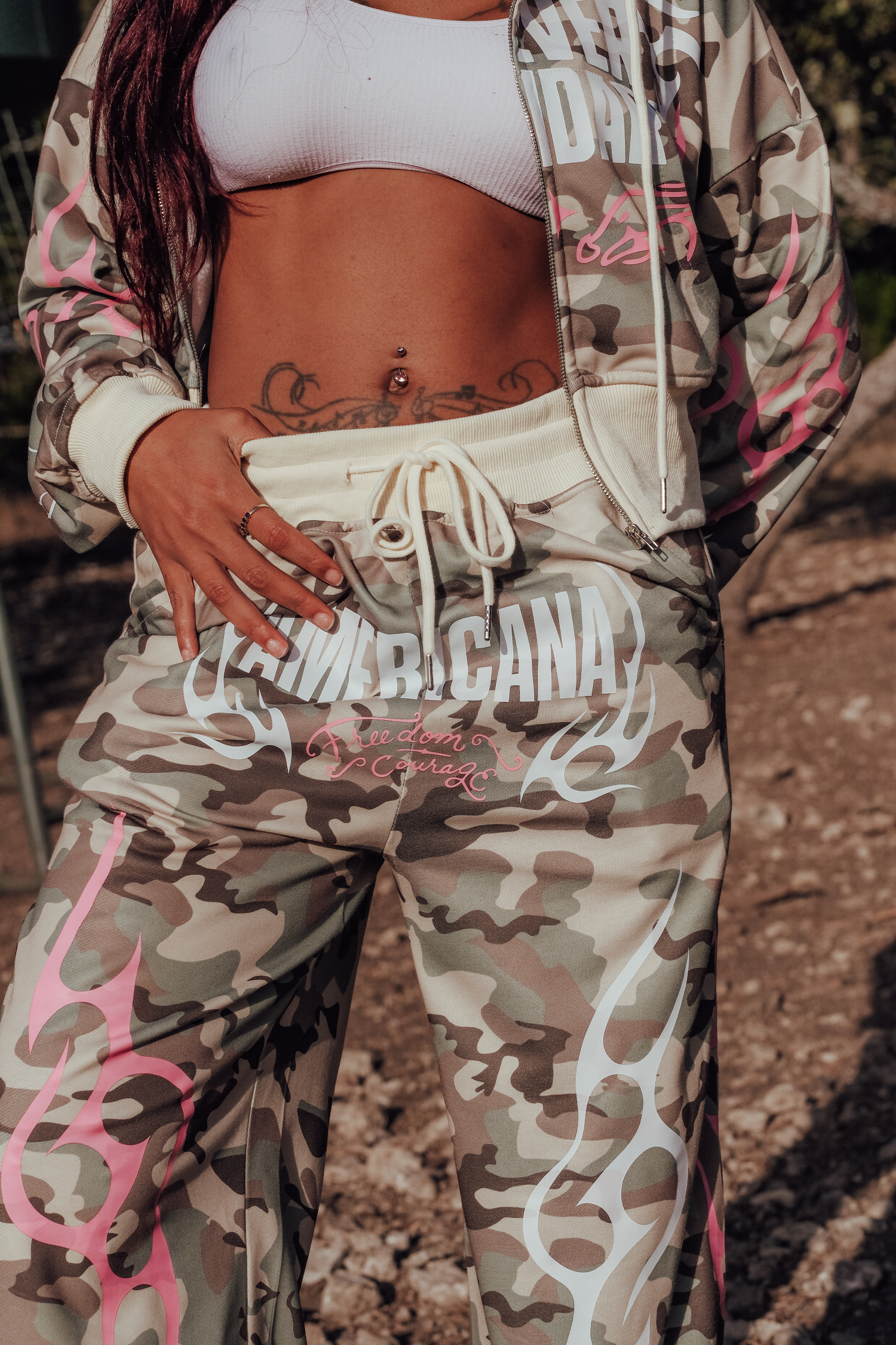 Close-up of camouflage fabric on Blacktop Ranch Forever Legendary sweatpants