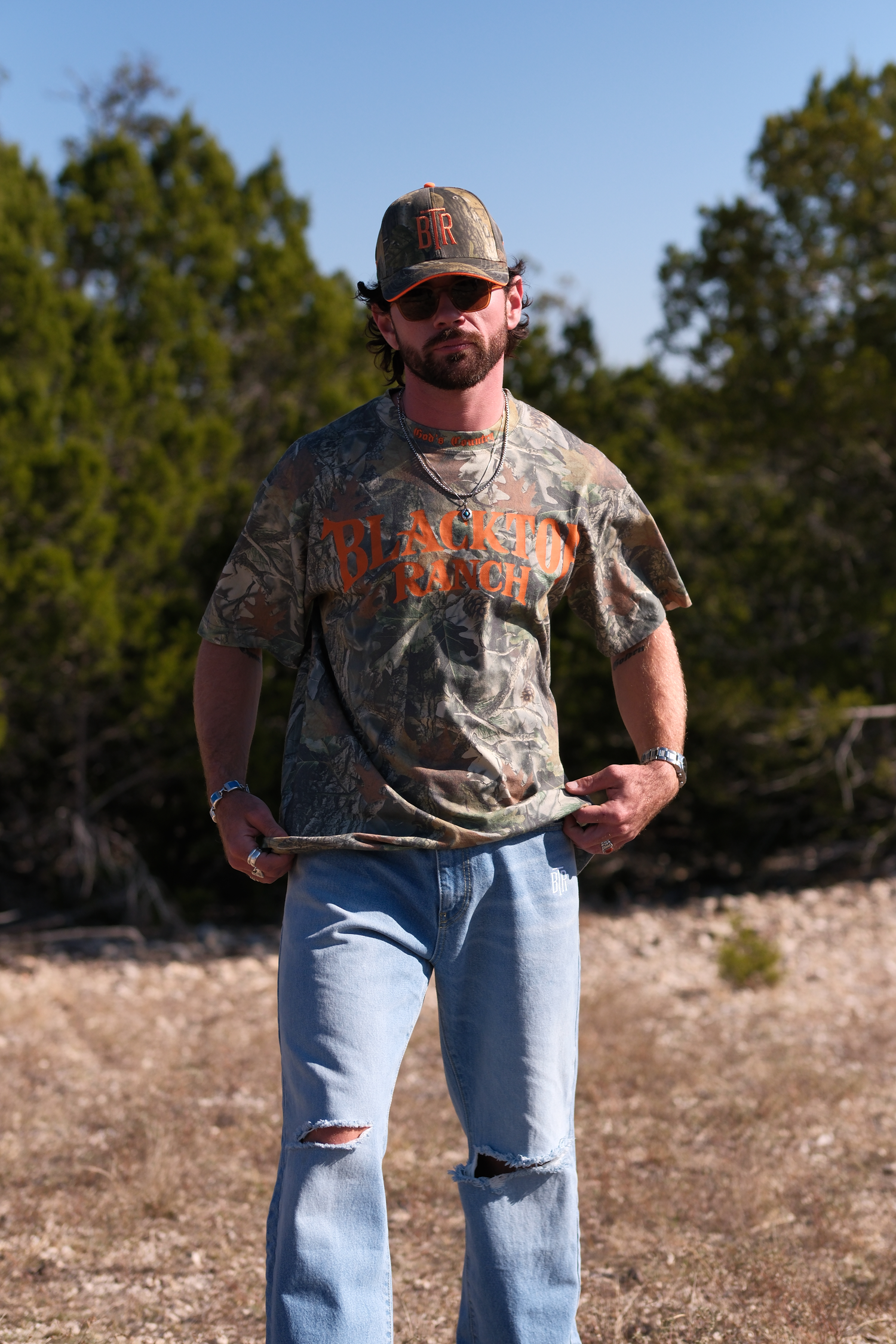 Forest camo t-shirt styled in western streetwear Blacktop Ranch Take The Shot