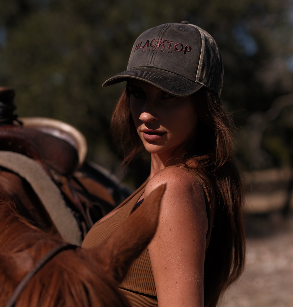 Blacktop Ranch camo cap featuring vintage wash and classic trucker fit