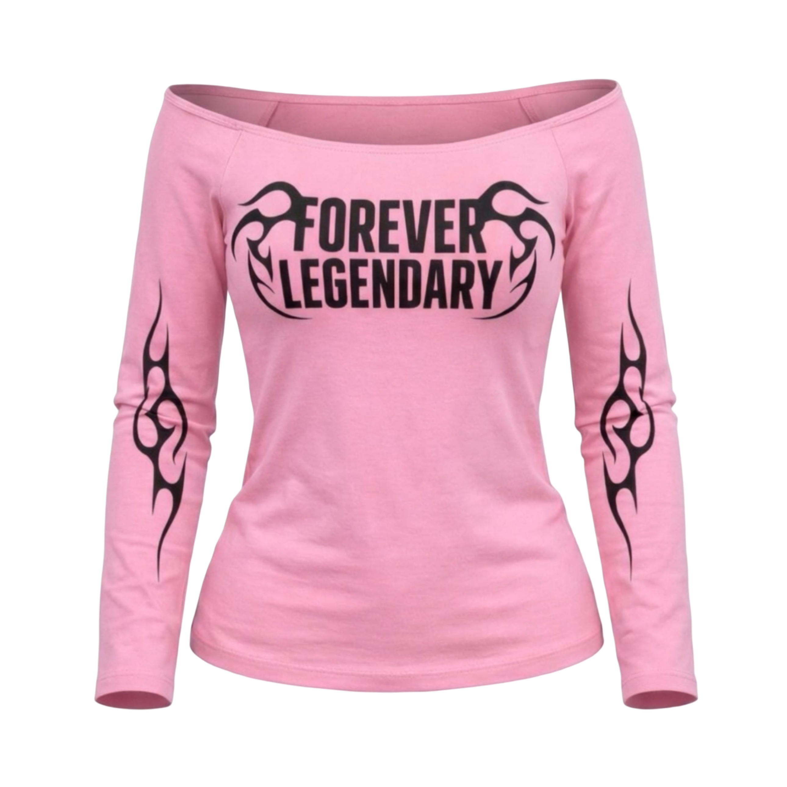 Front view of Blacktop Ranch Forever Legendary off shoulder top fitted silhouette