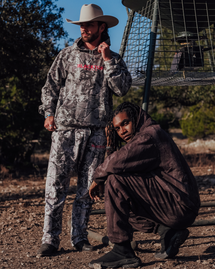  camo joggers unisex Blacktop Ranch streetwear sweatpants styled outside